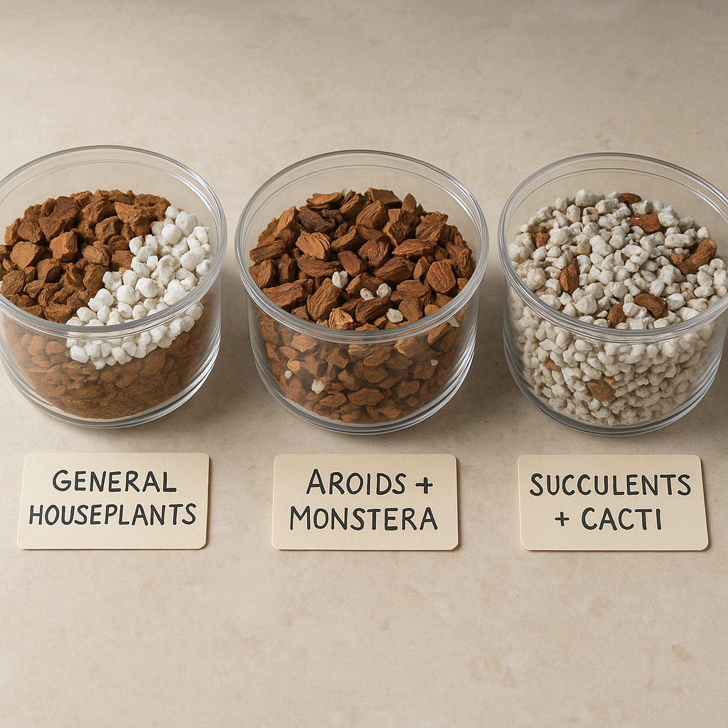 Three clear containers showing coco coir potting mix ratios for general houseplants, aroids and Monstera, and succulents