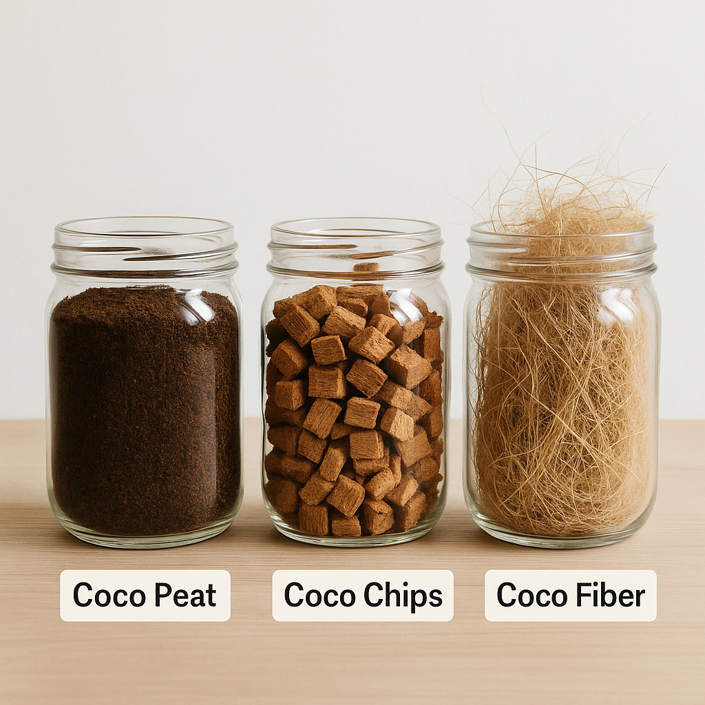 Three types of coco coir — fine coco peat, chunky coco chips, and long coco fiber strands — shown side by side in clear containers