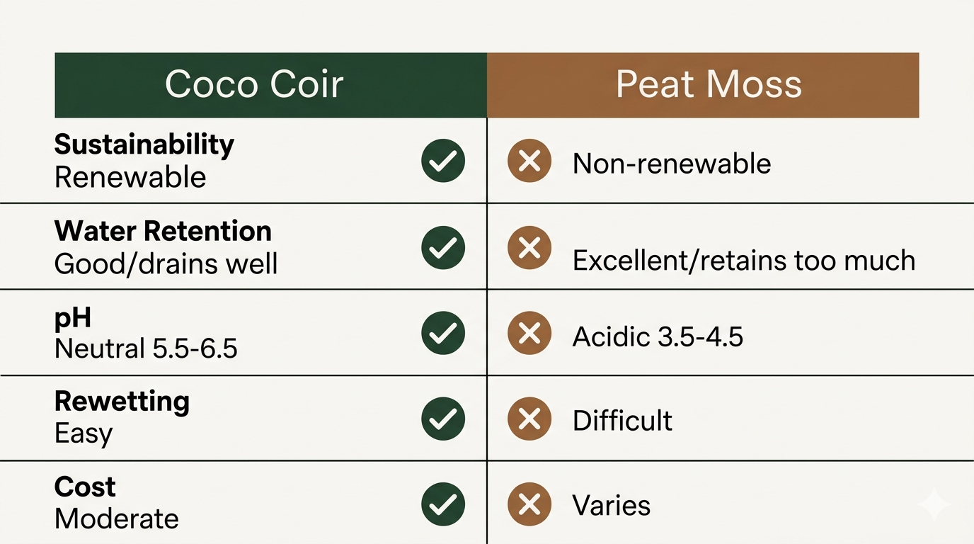 Side-by-side comparison of coco coir and peat moss showing key differences in sustainability, water retention, pH, and rewetting ability