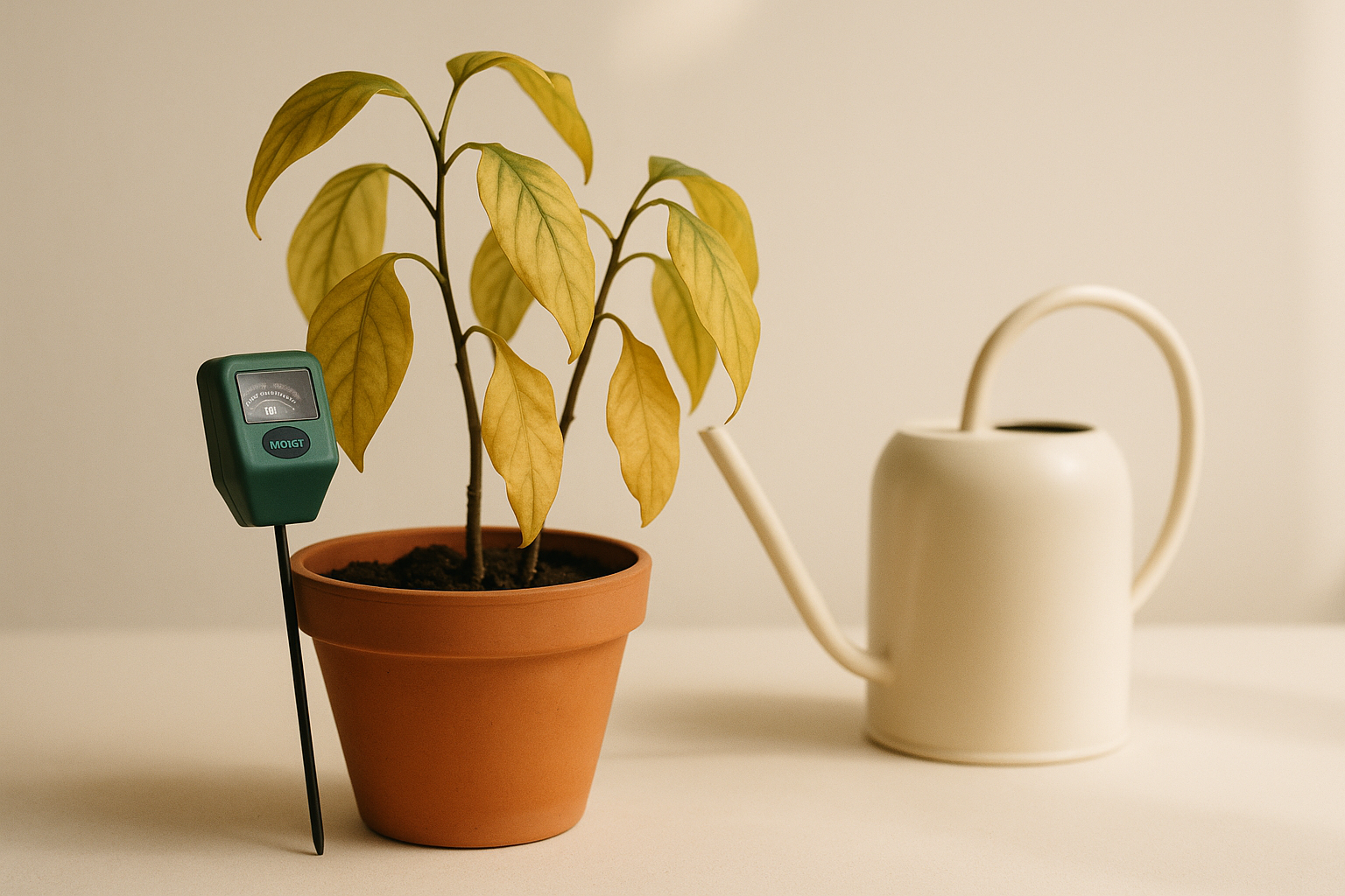 Drooping houseplant in decorative pot alongside moisture meter and watering can, illustrating common beginner mistakes
