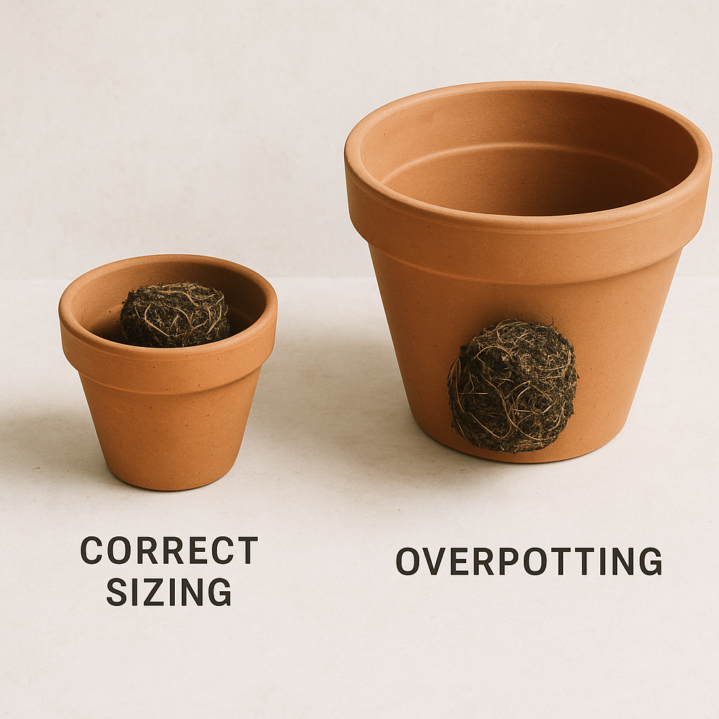 Appropriately sized terracotta pot compared to an oversized decorative pot for houseplants