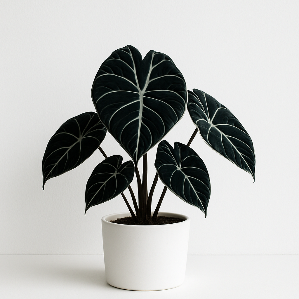 Alocasia Black Velvet plant in a white ceramic pot against a plain white wall, showing full plant from pot to tallest leaf