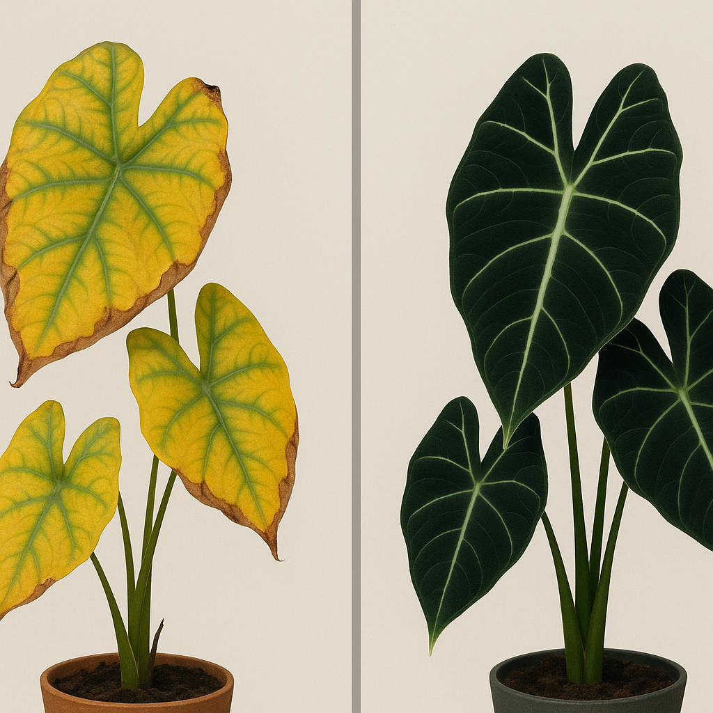 Side by side comparison of a struggling alocasia with yellow leaves and brown edges versus a healthy vibrant alocasia with deep dark foliage
