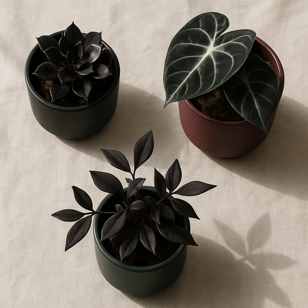 Grouped collection of dark foliage houseplants including ZZ Raven, Oxalis triangularis, and Rubber Plant Burgundy in matte ceramic pots on a light linen surface