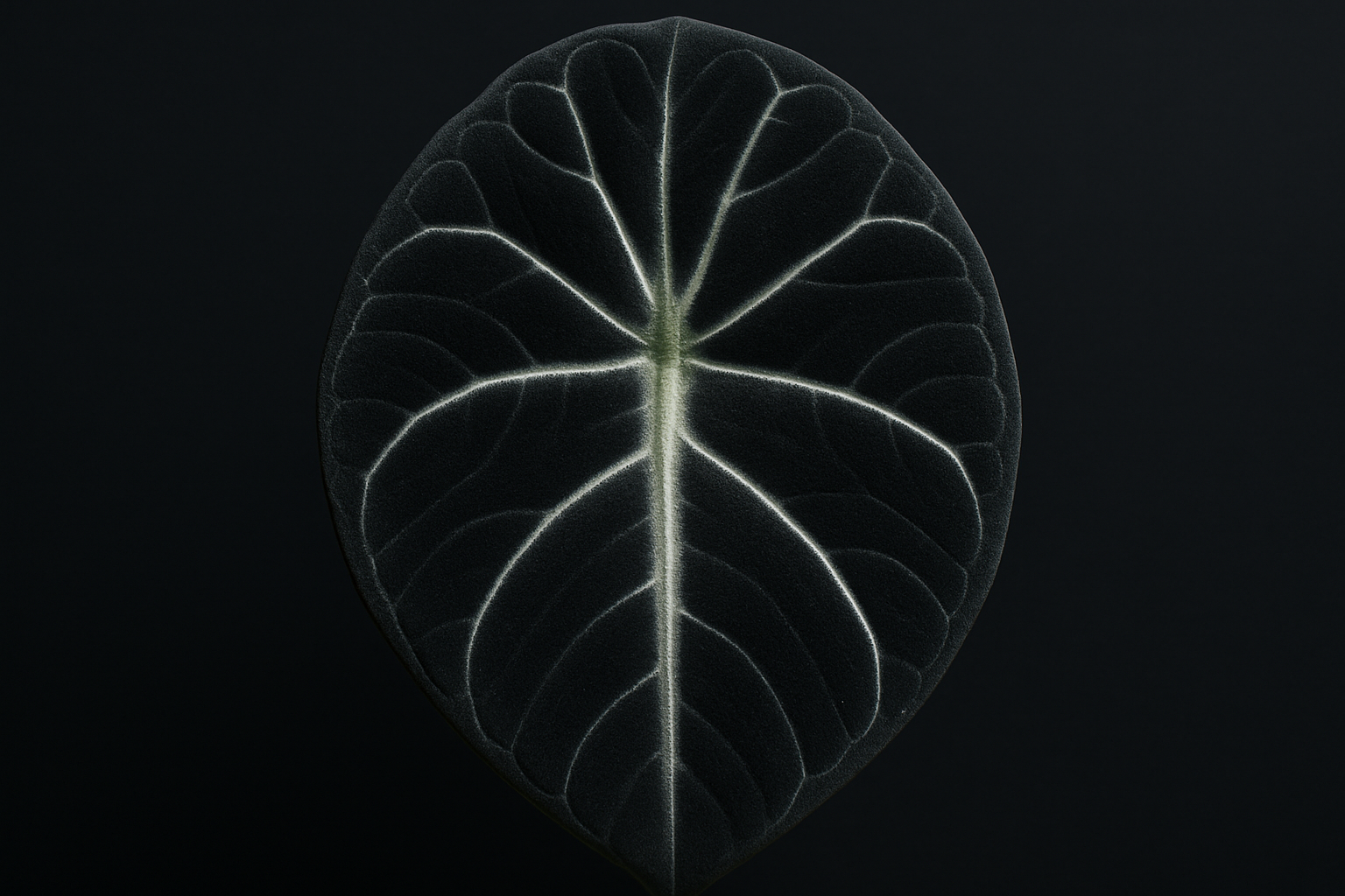 Close-up of Alocasia Black Velvet leaves showing deep velvety dark purple-black texture with prominent silvery-white veining