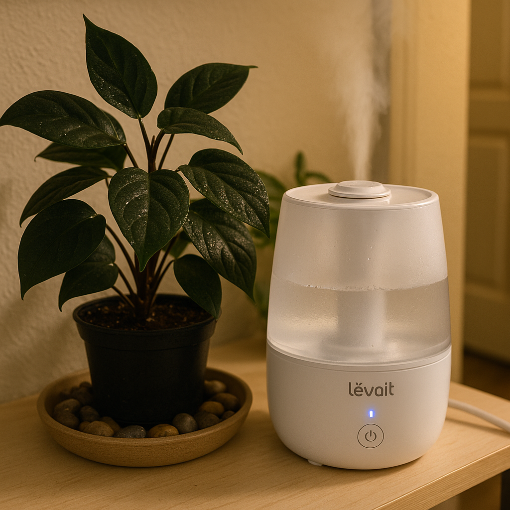 Small humidifier next to a dark foliage plant on a pebble tray with visible water condensation, showing practical humidity setup