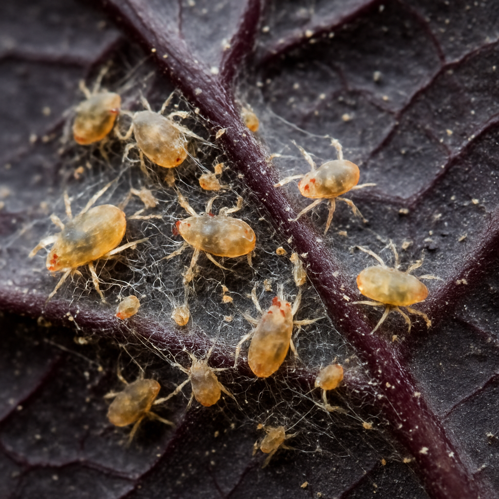 Close-up macro of spider mites and webbing on the underside of a dark alocasia leaf