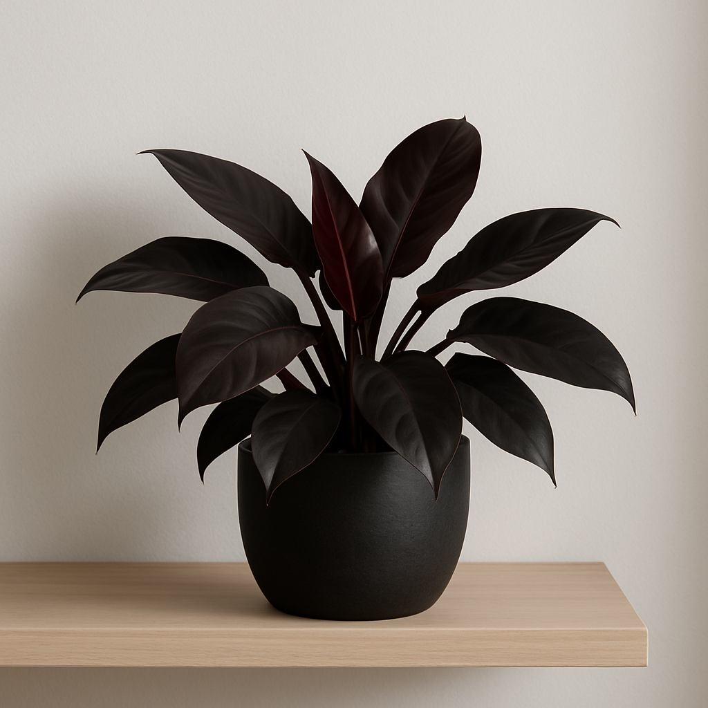 Dark burgundy rubber plant in a matte black pot on a minimalist white shelf with a dark wall backdrop