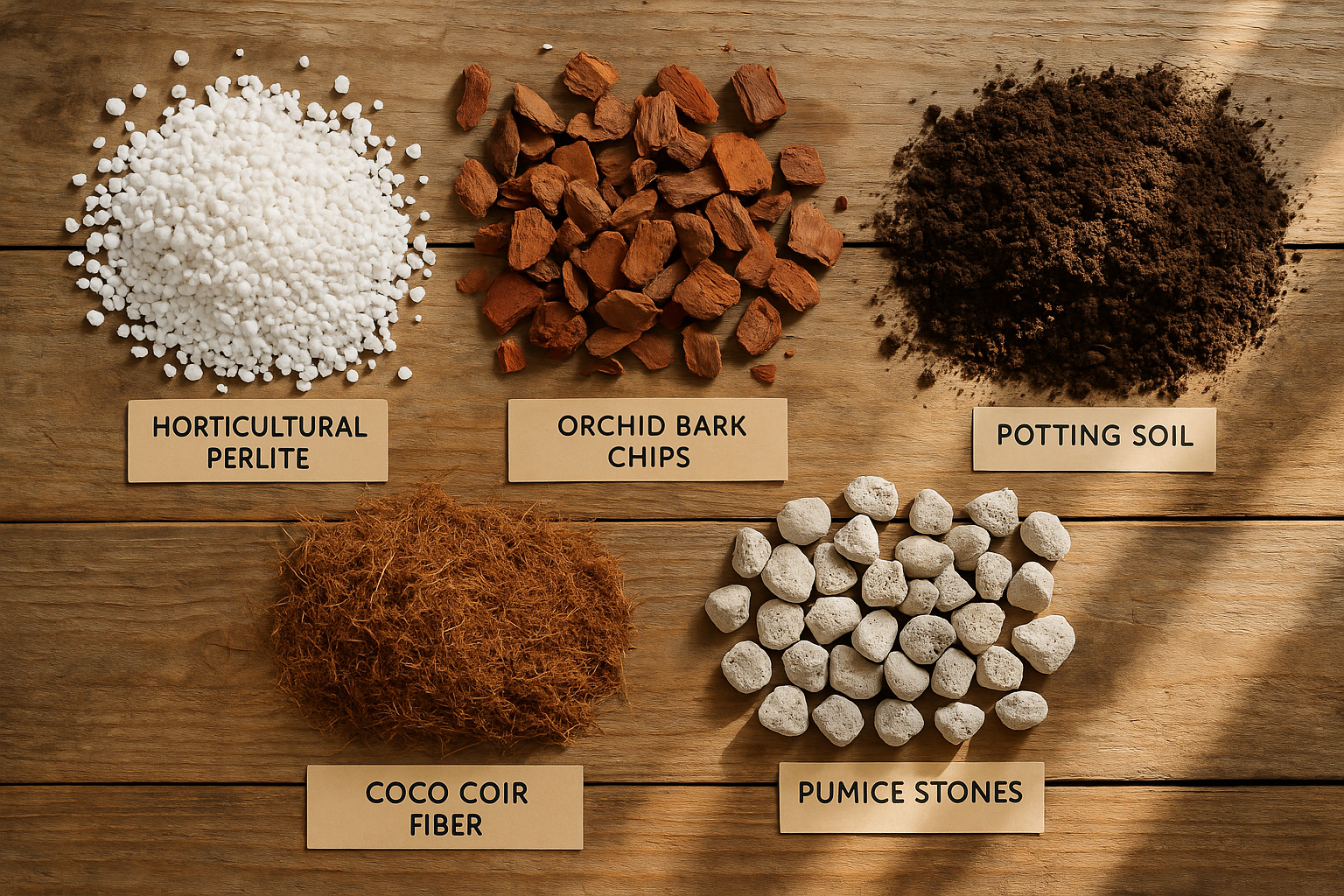 Five different potting mix ingredients spread on a wooden table - perlite, orchid bark, coco coir, pumice, and potting soil