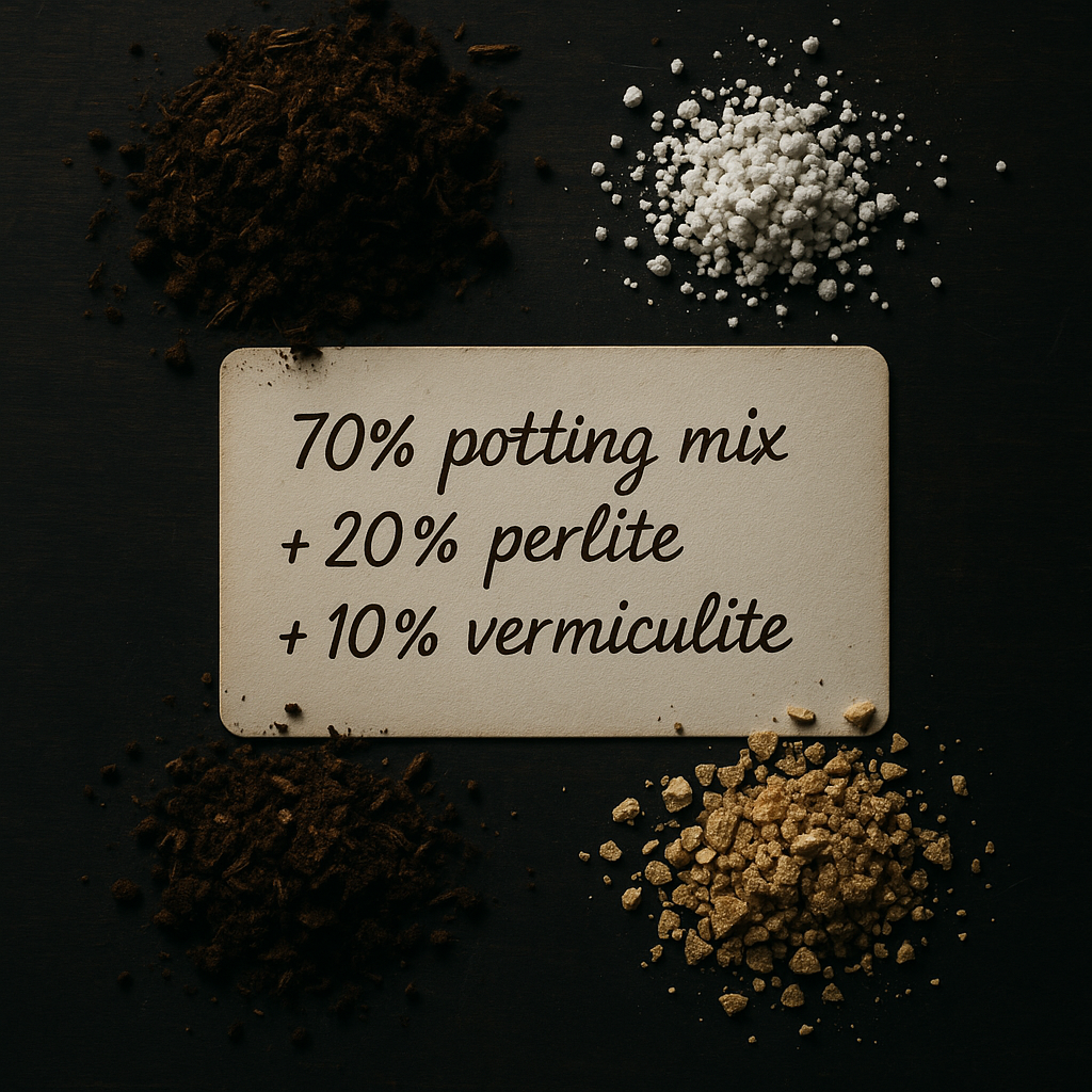 Styled overhead shot of a recipe card showing potting mix ratios: 70% potting mix, 20% perlite, 10% vermiculite, with amendment samples scattered around it