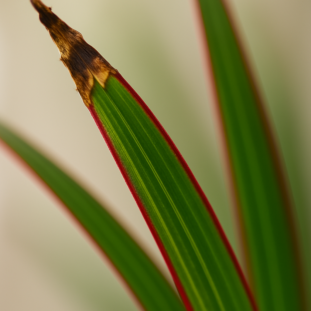 Close-up of a dracaena leaf showing brown crispy tips, demonstrating the most common sign of fluoride sensitivity or low humidity