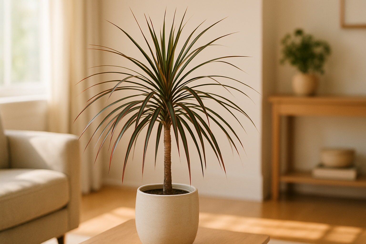 Mature dracaena marginata (dragon tree) in a ceramic pot in a bright living room, showing full arching foliage