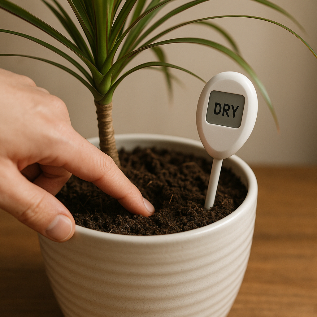 Hand inserting finger into soil of a dracaena pot to test soil moisture, with a moisture meter reading displayed beside the pot