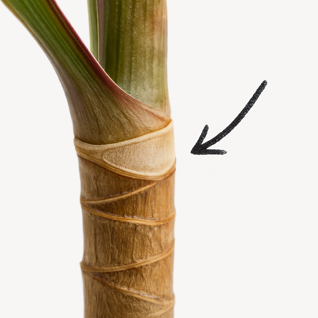 Macro close-up of a dracaena stem showing the node (ring where leaves attach) with an arrow pointing to the node indicating where to cut for propagation