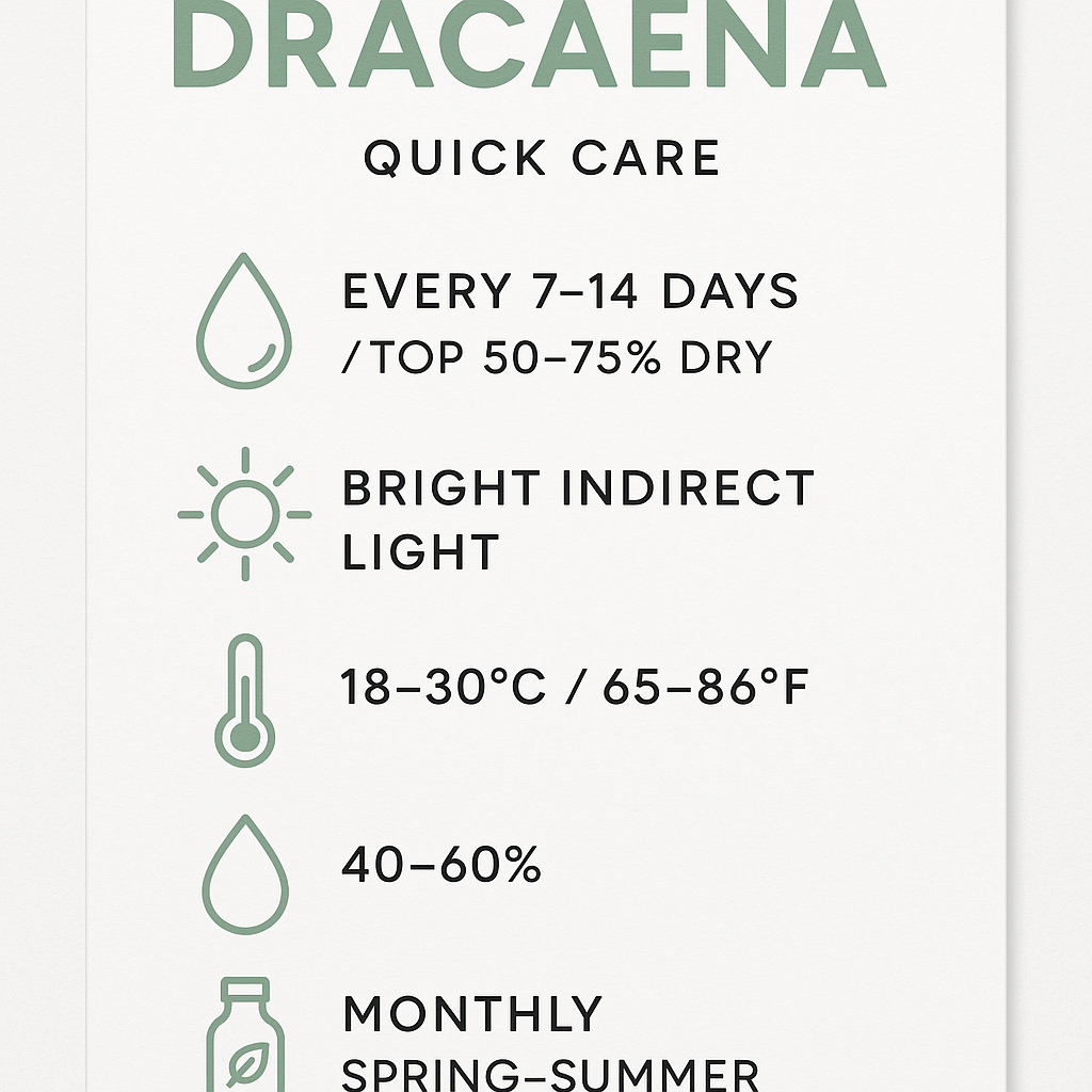 A printable quick care guide card for dracaena showing water frequency, light needs, temperature, humidity, and fertilizer schedule with icons