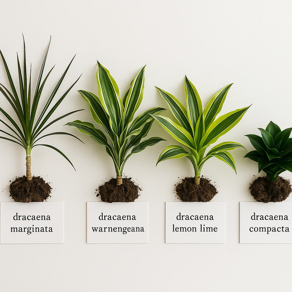 Top-down flat lay comparing five dracaena varieties: marginata, massangeana, warneckii, lemon lime, and compacta with labeled name cards