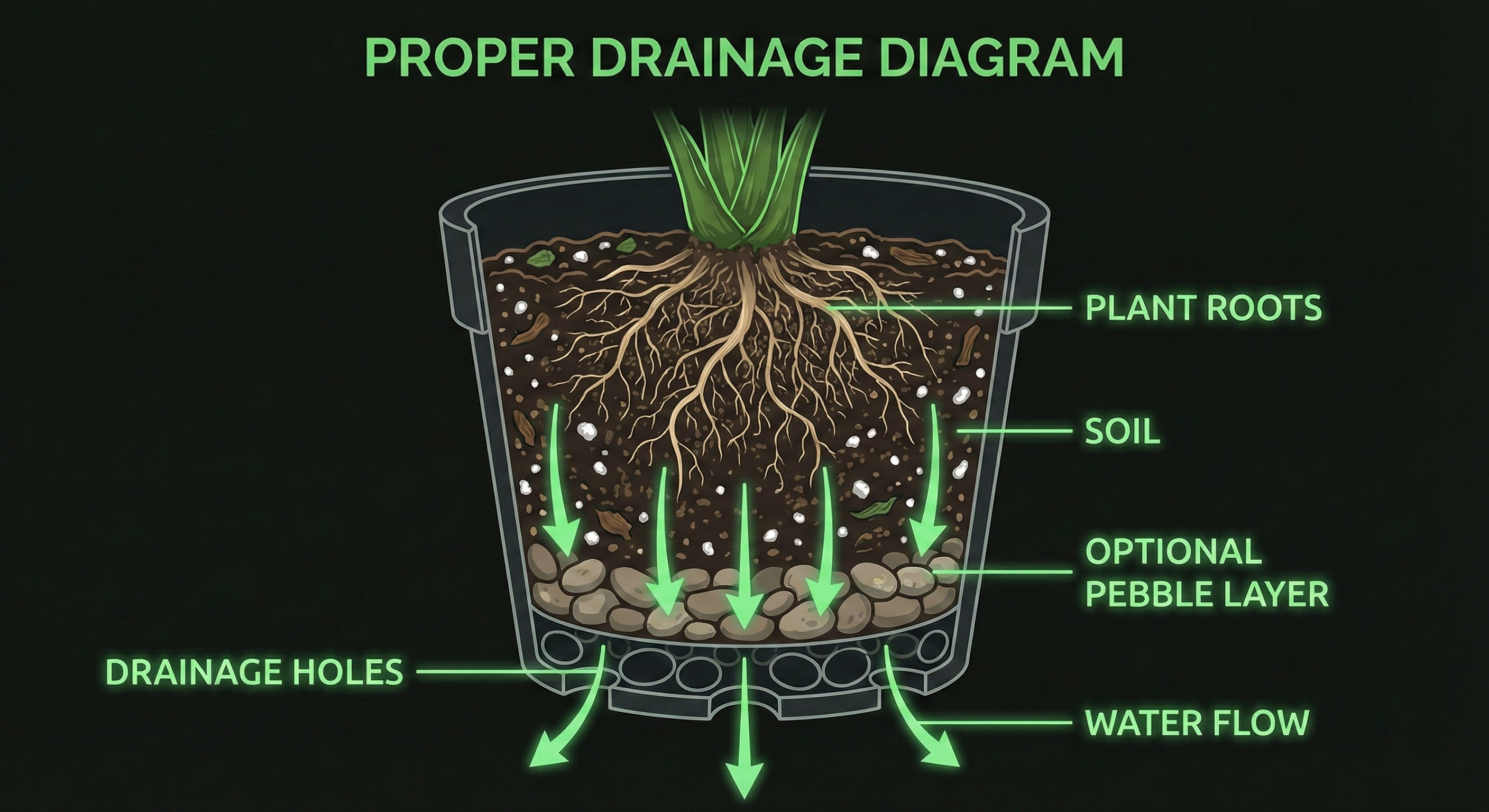 Diagram showing proper pot drainage with drainage holes, pebble layer, soil, and roots