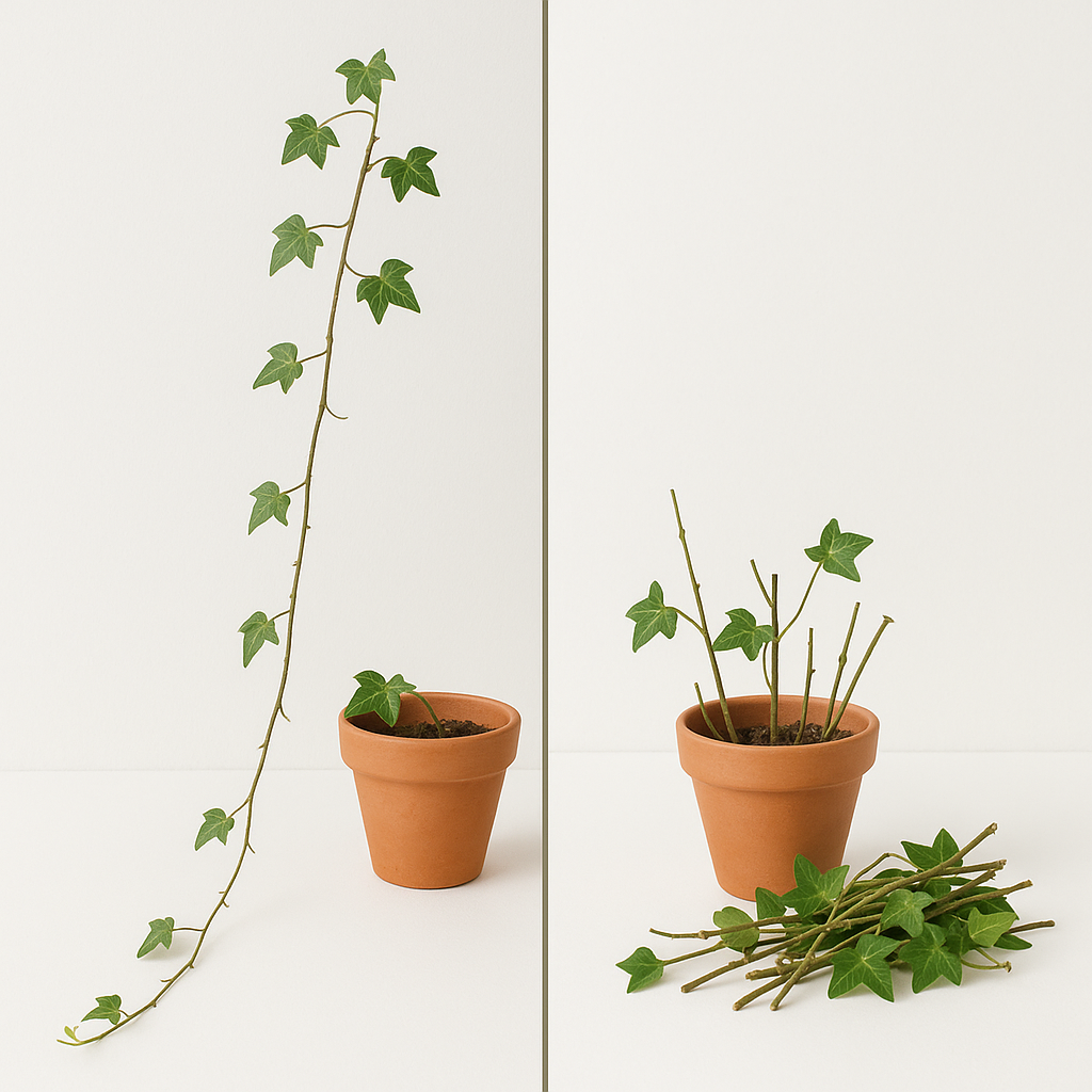 Split comparison showing a leggy, overgrown English Ivy before pruning on the left, and the same plant after a pruning haircut with cut stems beside it on the right