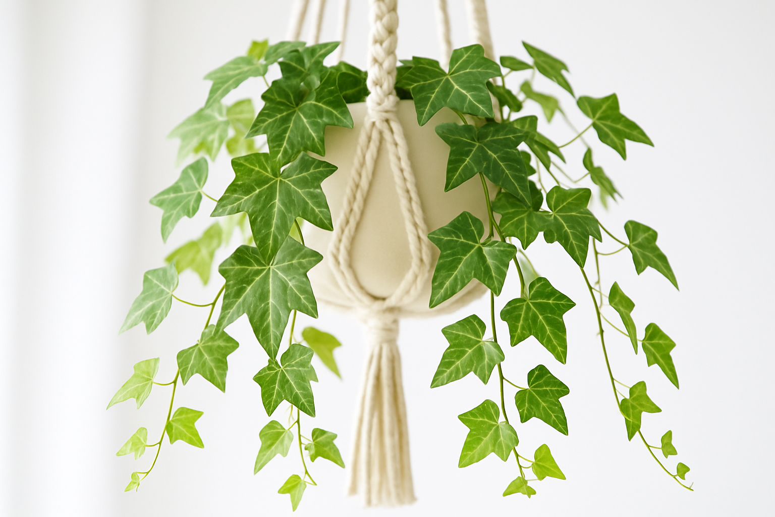 Lush cascading English Ivy trailing from a cream-colored macramé plant hanger against a white wall with warm natural light