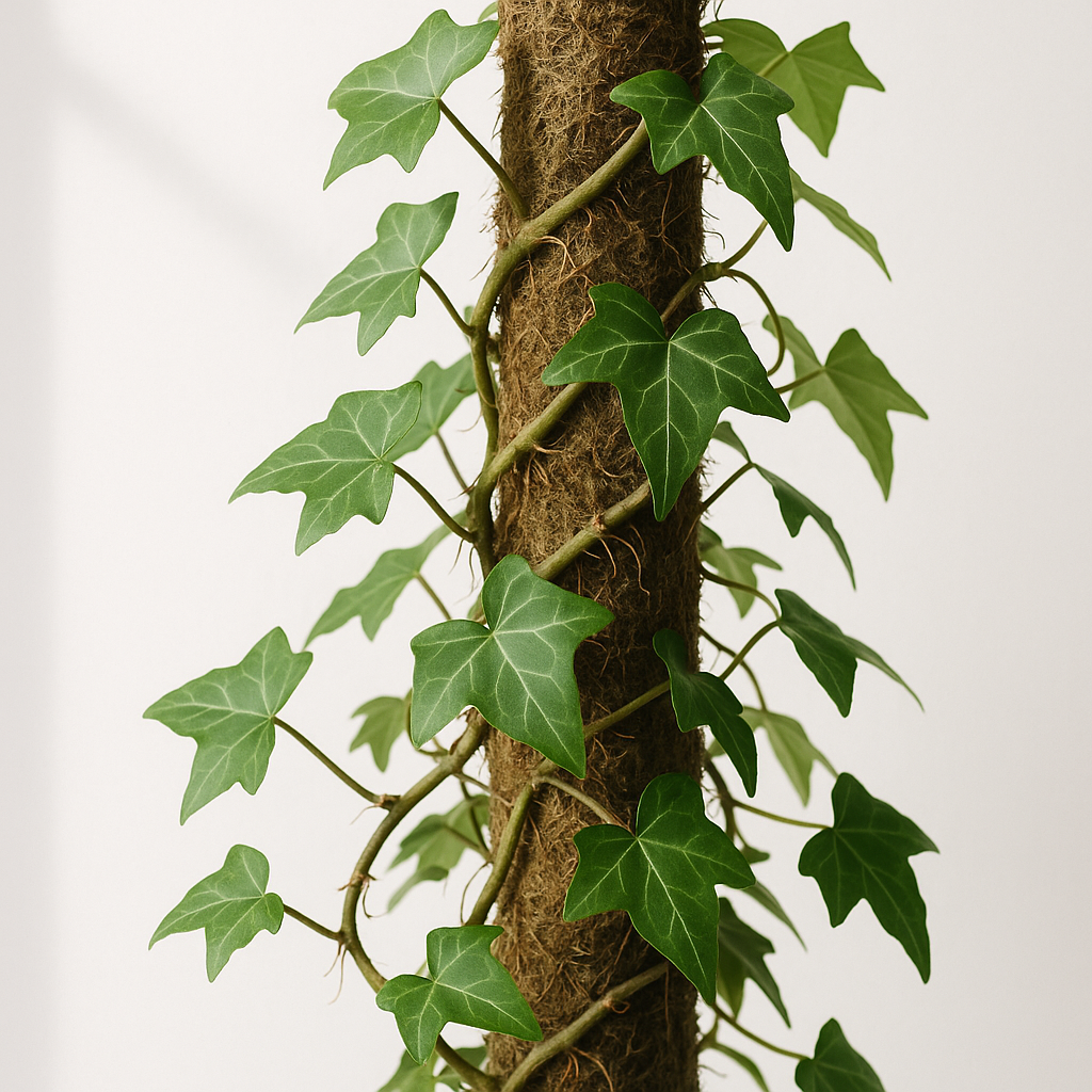 English Ivy trained to climb a moss pole with aerial roots visible gripping the surface, showing the climbing growth habit