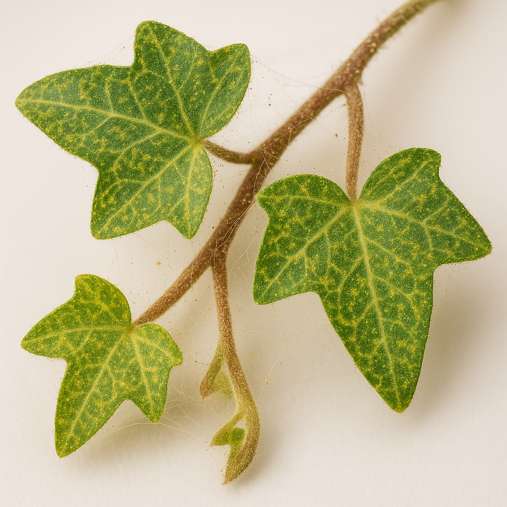 Close-up of English Ivy leaves showing yellow stippling damage and fine webbing caused by spider mites