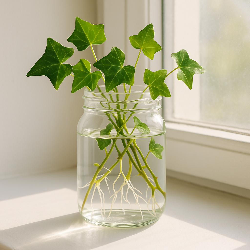 Clear glass jar showing English Ivy cuttings with visible white roots growing in water, roots extending 2-3 inches long