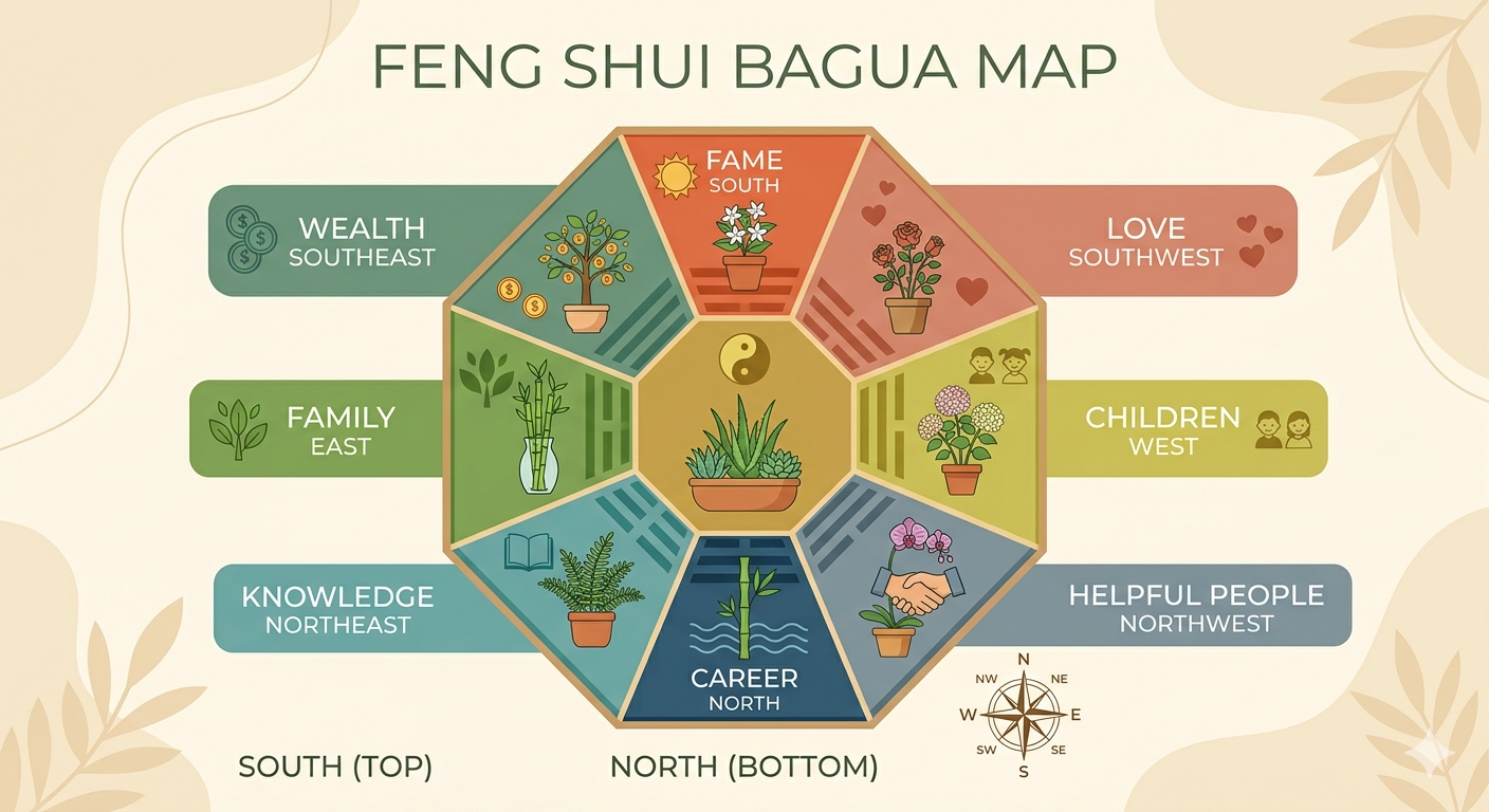 Feng shui bagua map chart showing which houseplants to place in each zone — wealth, health, love, career, knowledge