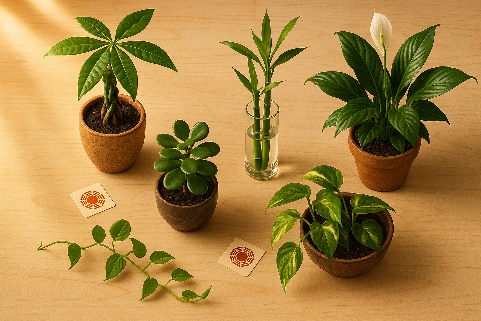 Collection of the best feng shui houseplants including money tree, jade plant, and lucky bamboo arranged in decorative pots to attract positive energy
