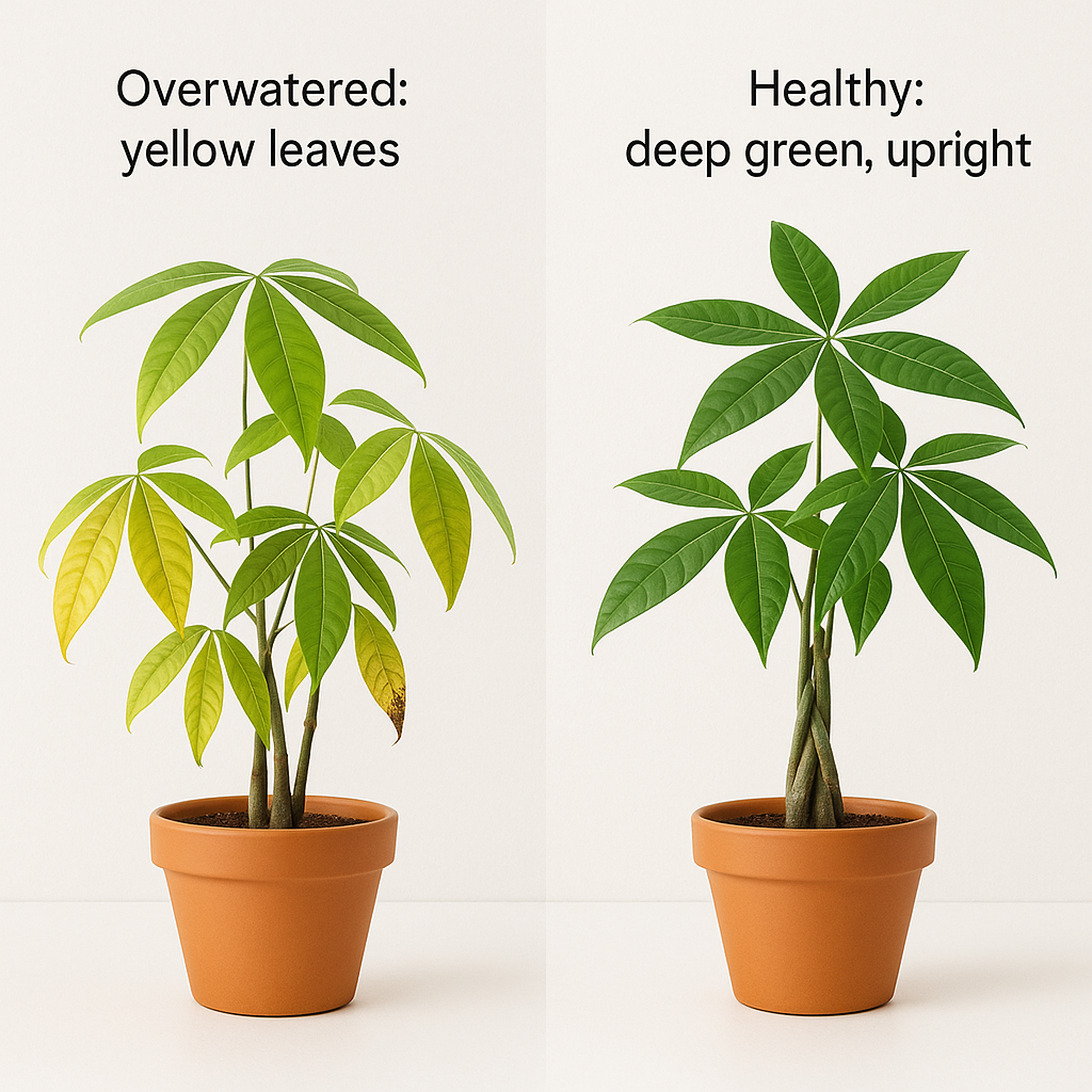 Healthy money tree with lush green leaves next to a yellowing money tree — signs of overwatering that disrupt feng shui positive energy