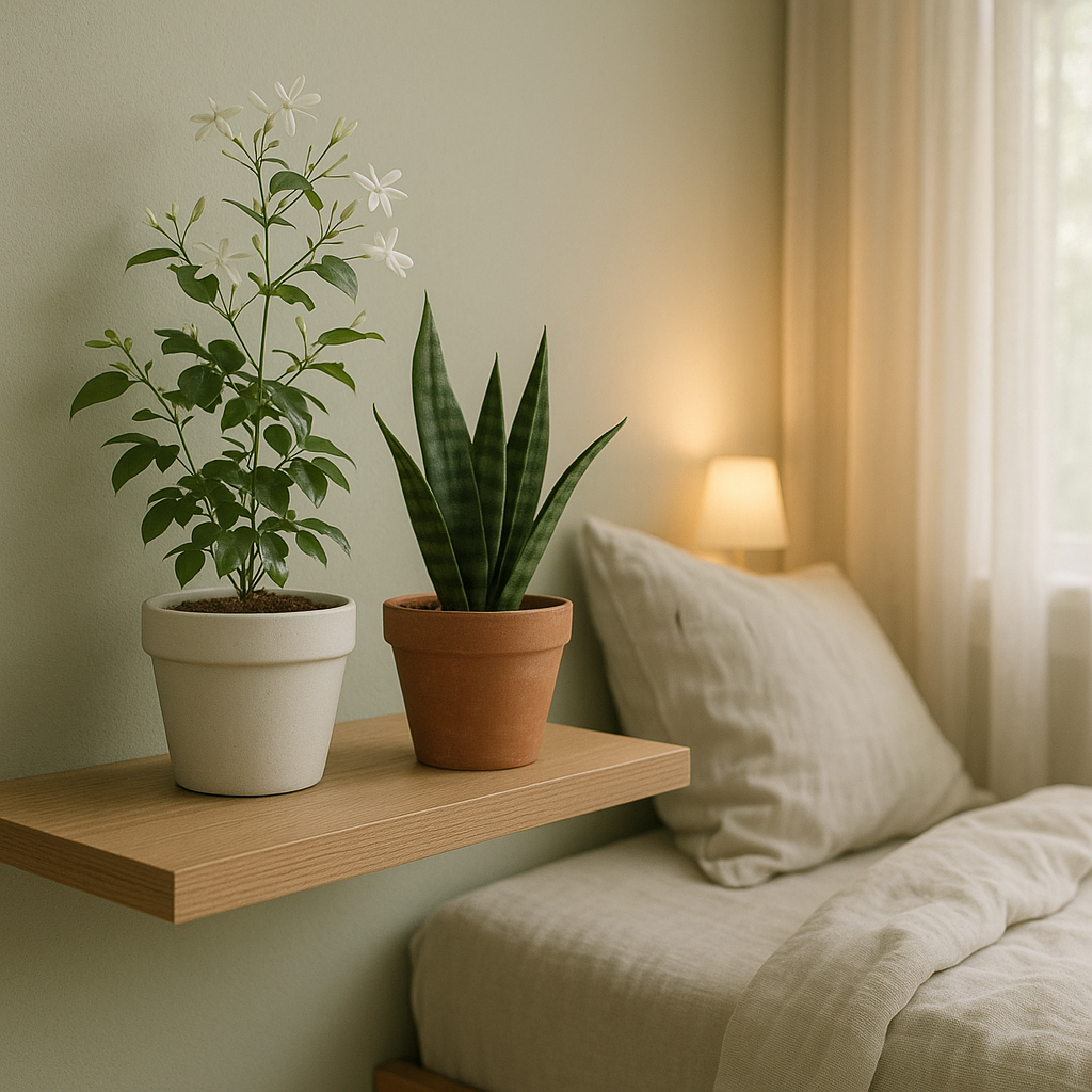 Jasmine plant and snake plant on bedroom shelf for feng shui positive energy and restful sleep