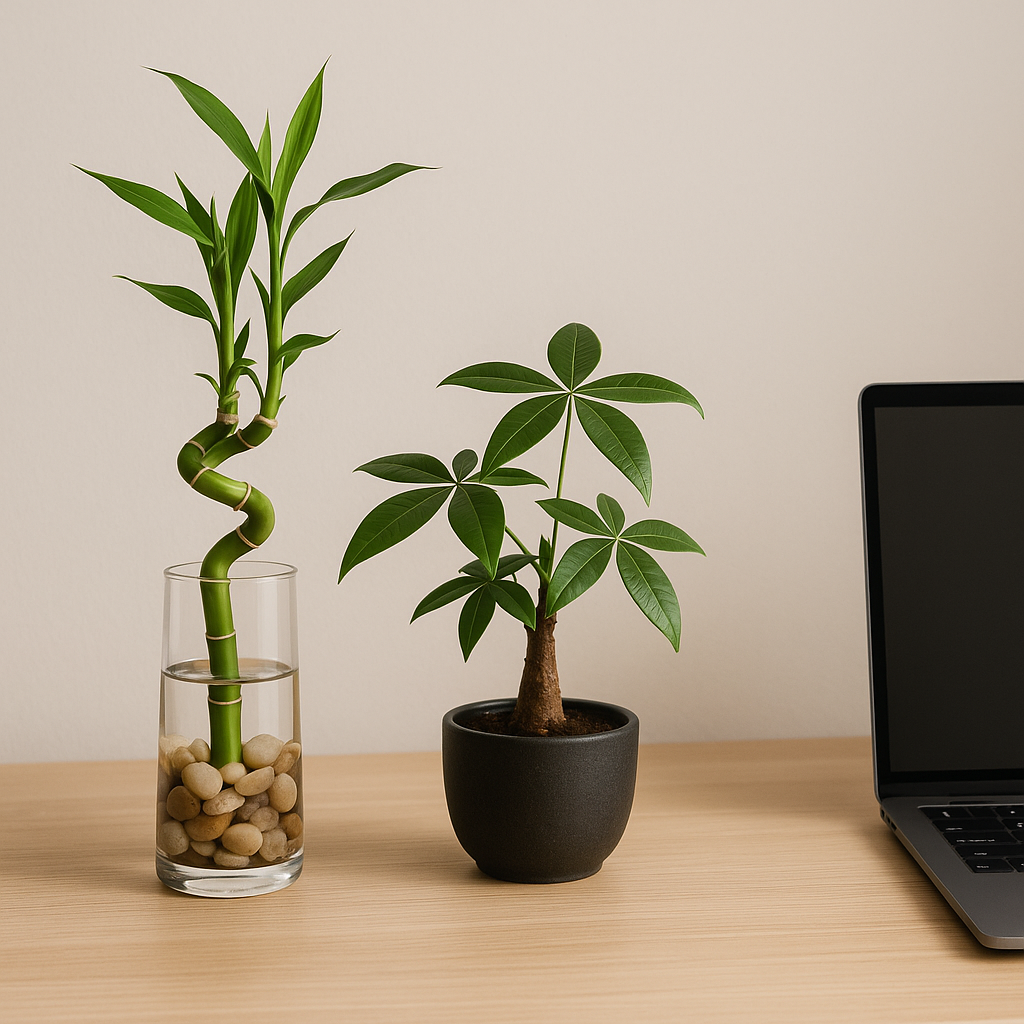 Lucky bamboo and money tree on a home office desk for feng shui success energy and focus — left side dragon position