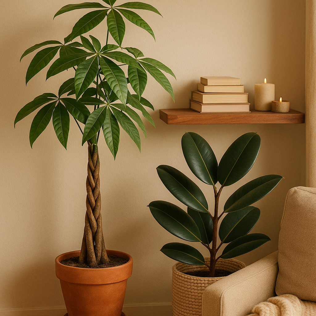 Money tree and rubber plant styled in the feng shui wealth corner of a living room — southeast corner placement for prosperity