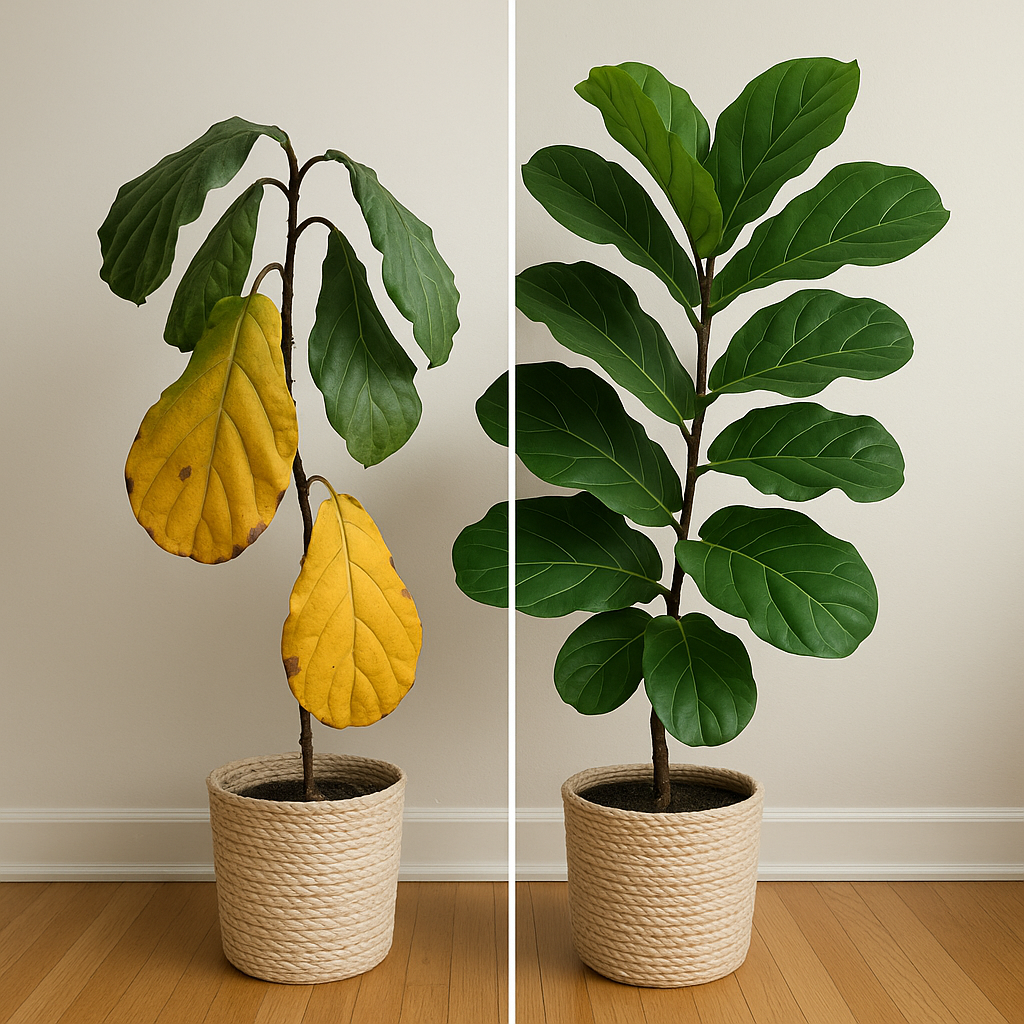 Before and after fiddle leaf fig revival - drooping plant versus healthy recovered plant