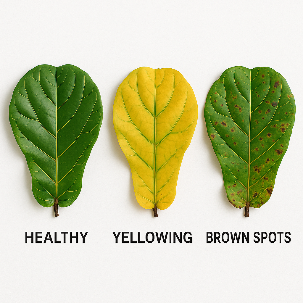 Close-up comparison of healthy fiddle leaf fig leaf versus yellowing leaves and brown spots