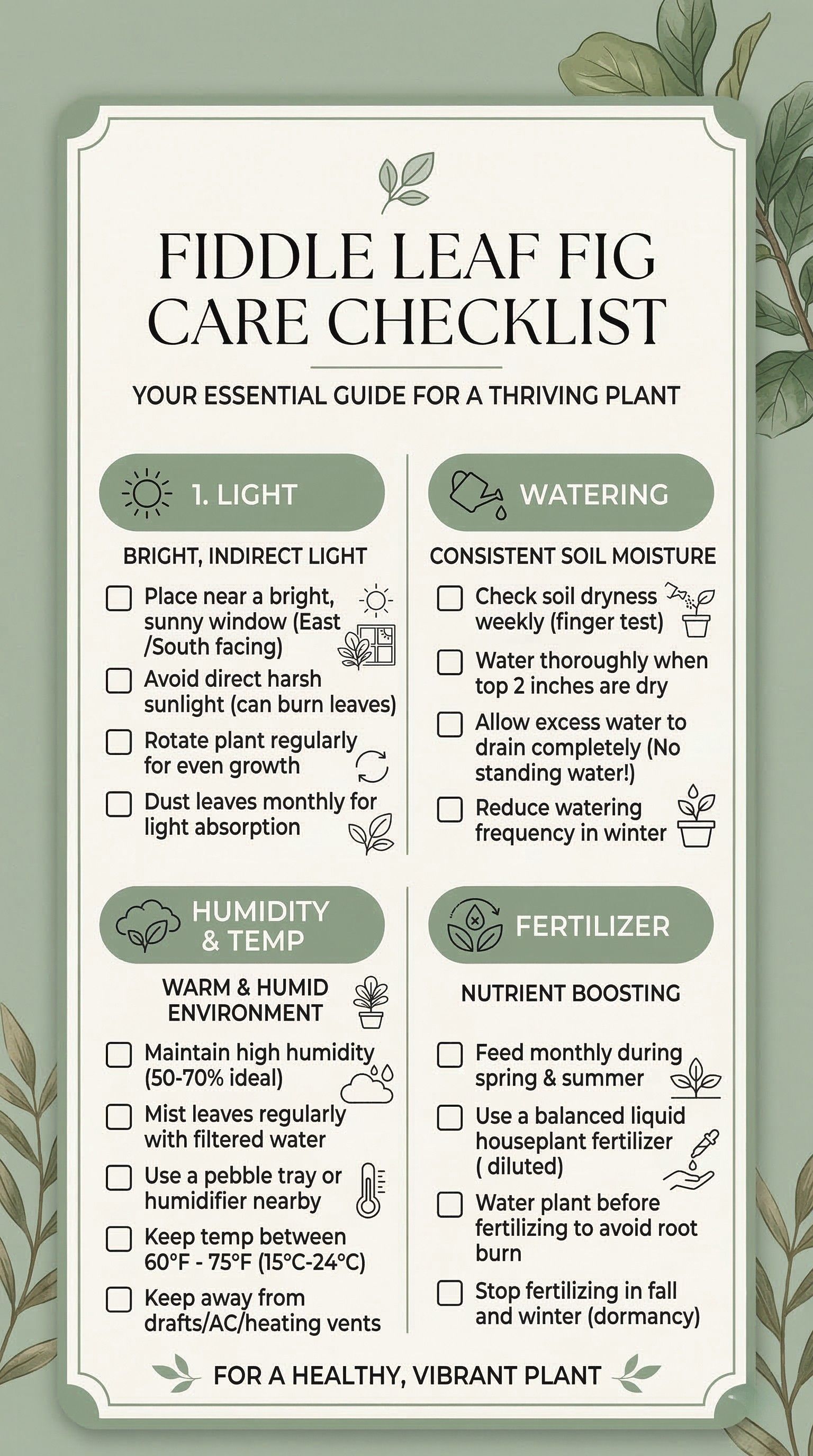 Visual quick reference card for fiddle leaf fig care essentials