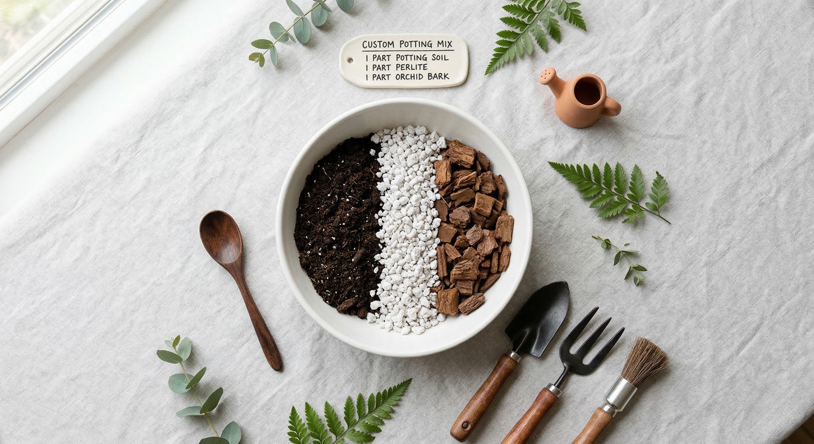 Flat lay of fiddle leaf fig soil mix ingredients: potting soil, perlite, orchid bark