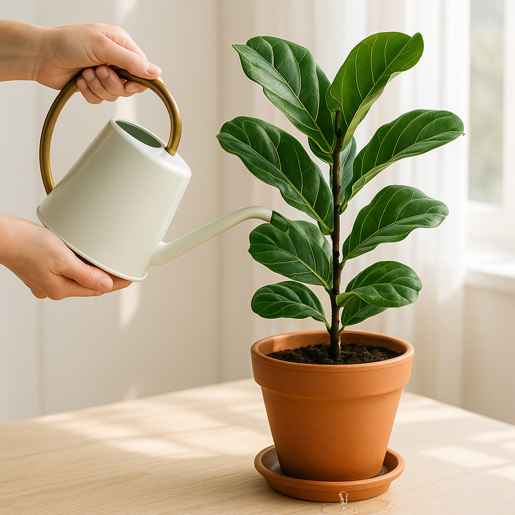Hands watering fiddle leaf fig with proper drainage technique