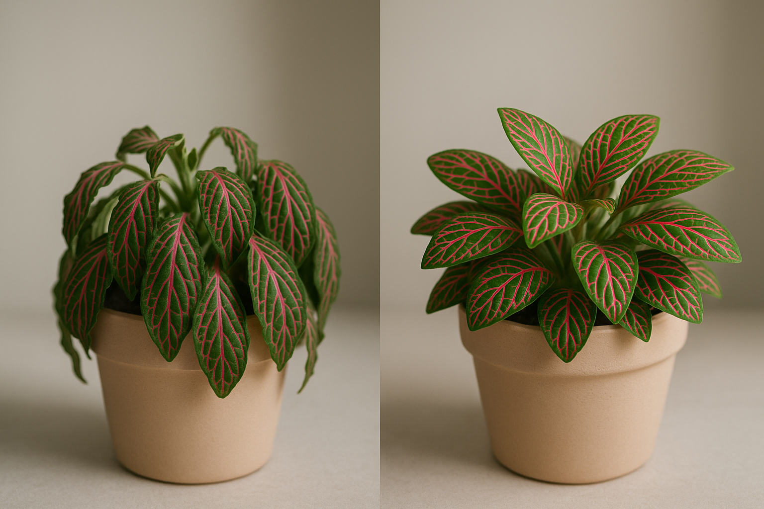 Wilted fittonia dramatically drooping beside a healthy, perky nerve plant showing recovery