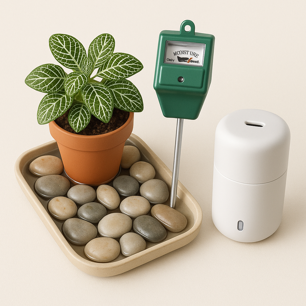 Pebble tray with water beneath fittonia pot, moisture meter reading dry soil, humidifier running nearby