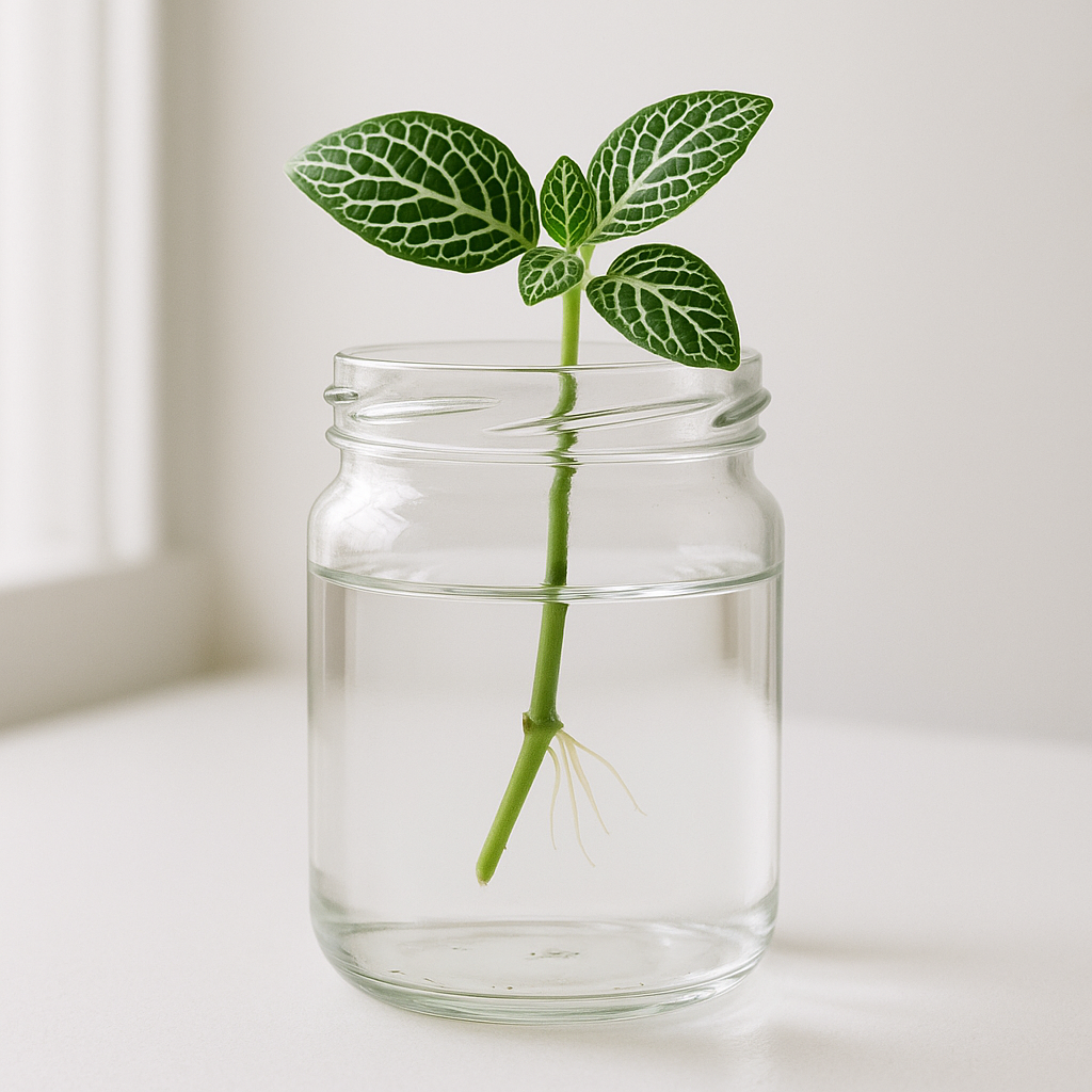 Fresh fittonia stem cutting with node in water, visible root growth beginning