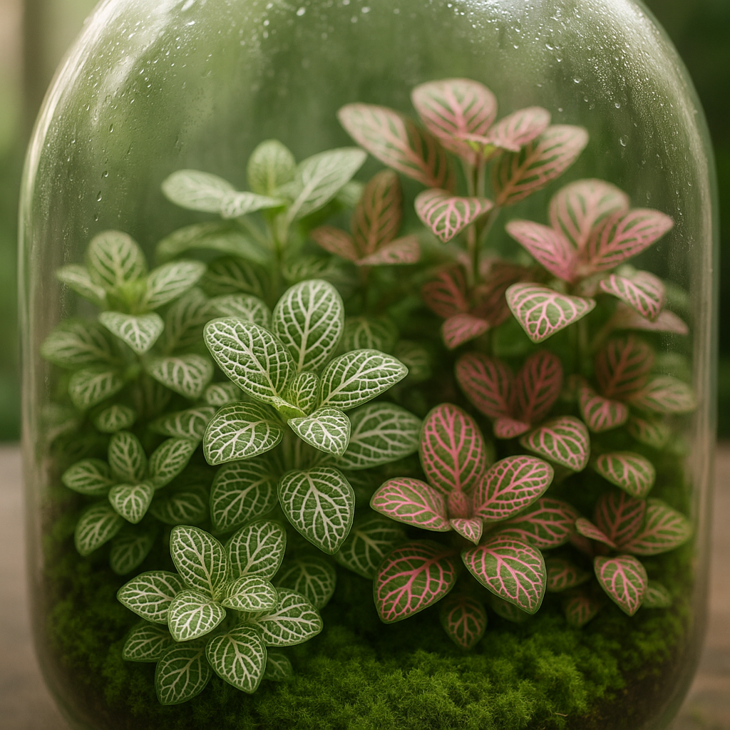 Lush closed terrarium with fittonia as centerpiece, condensation visible on glass