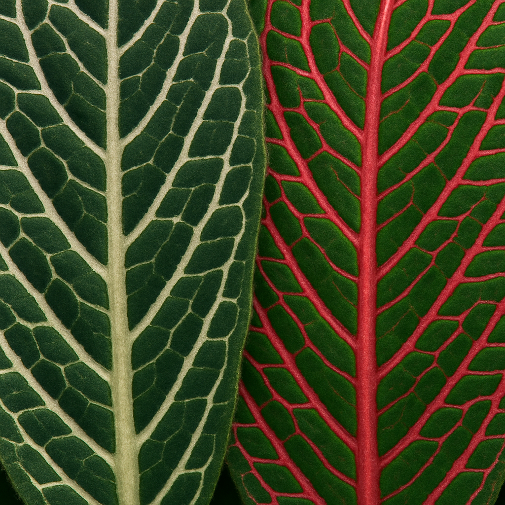 Macro close-up of fittonia leaves showing intricate white, pink, and red vein networks on dark green foliage
