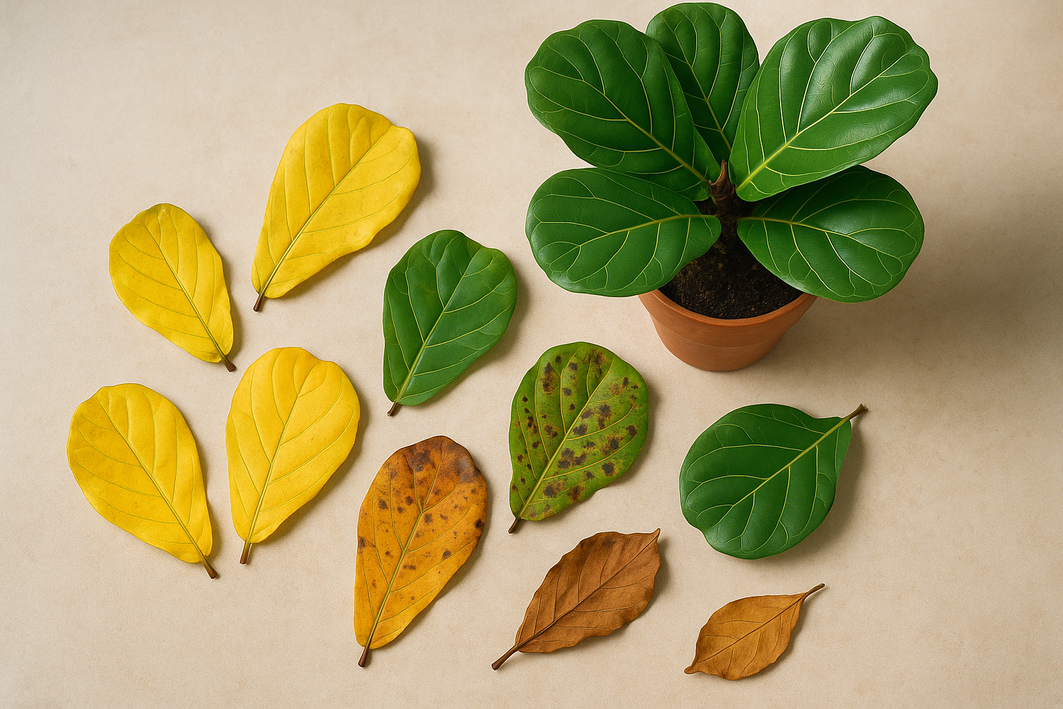 Fiddle leaf fig plant with multiple leaves in various stages of dropping, showing different leaf drop patterns