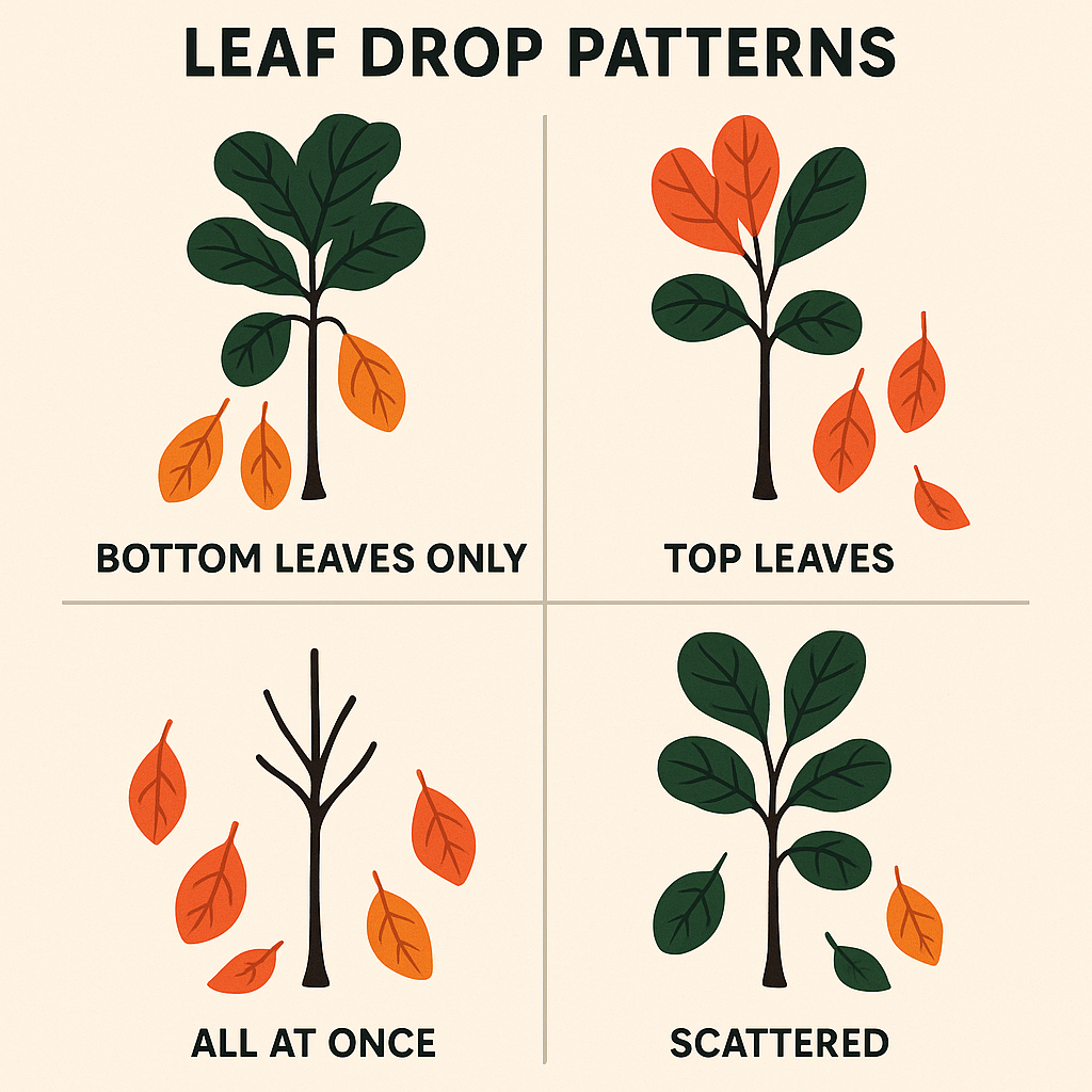 Grid comparison showing four leaf drop patterns: bottom leaves, top leaves, all at once, and gradual