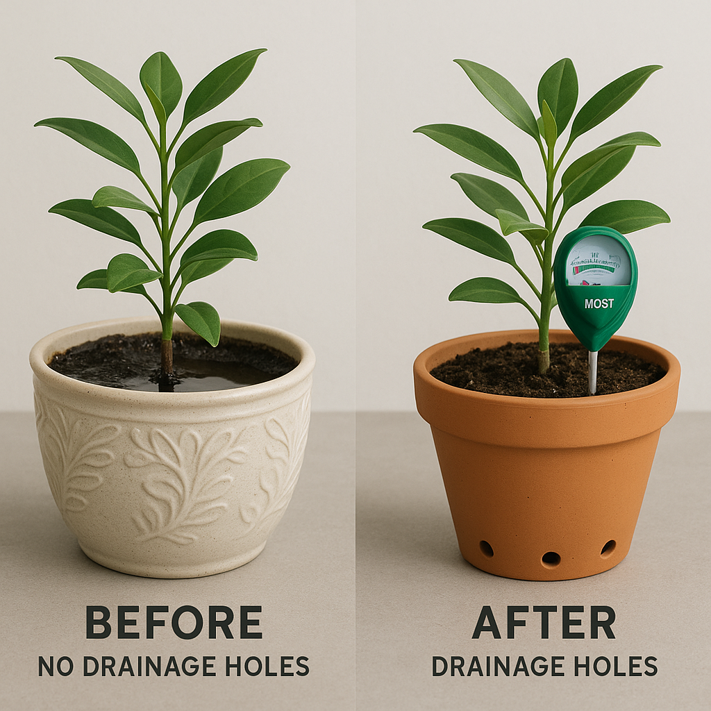Side by side: pot without drainage in saturated soil vs proper pot with drainage and moisture meter