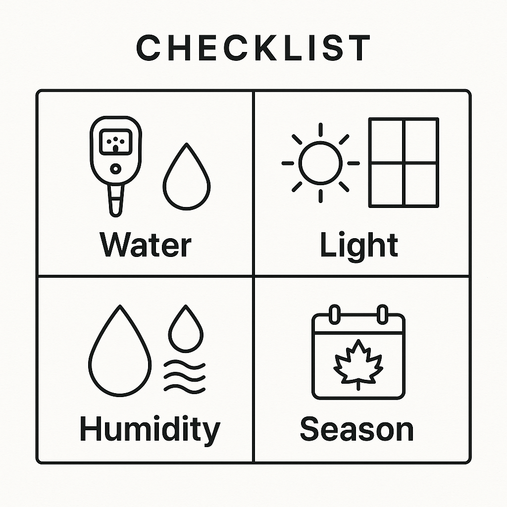 Visual checklist showing four care pillars: water correctly, proper light, right humidity, seasonal adjustments
