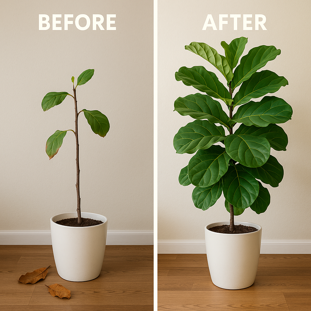 Before: sparse, sad fiddle leaf fig with most leaves dropped. After: recovering FLF with new growth emerging