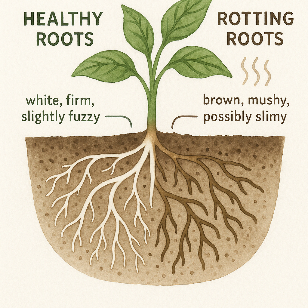 Diagram showing root system - healthy white roots vs rotting brown mushy roots with explanation labels