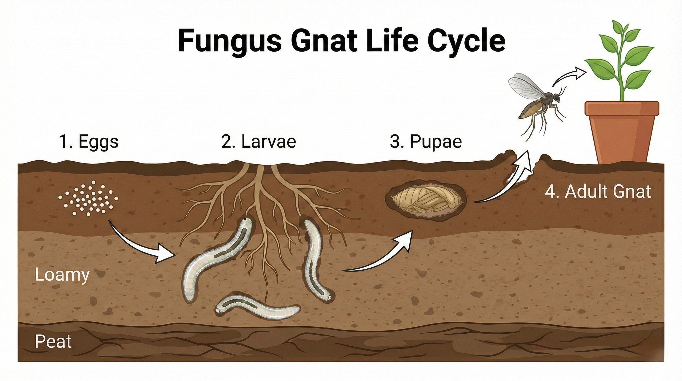 Diagram of fungus gnat life cycle from egg to adult