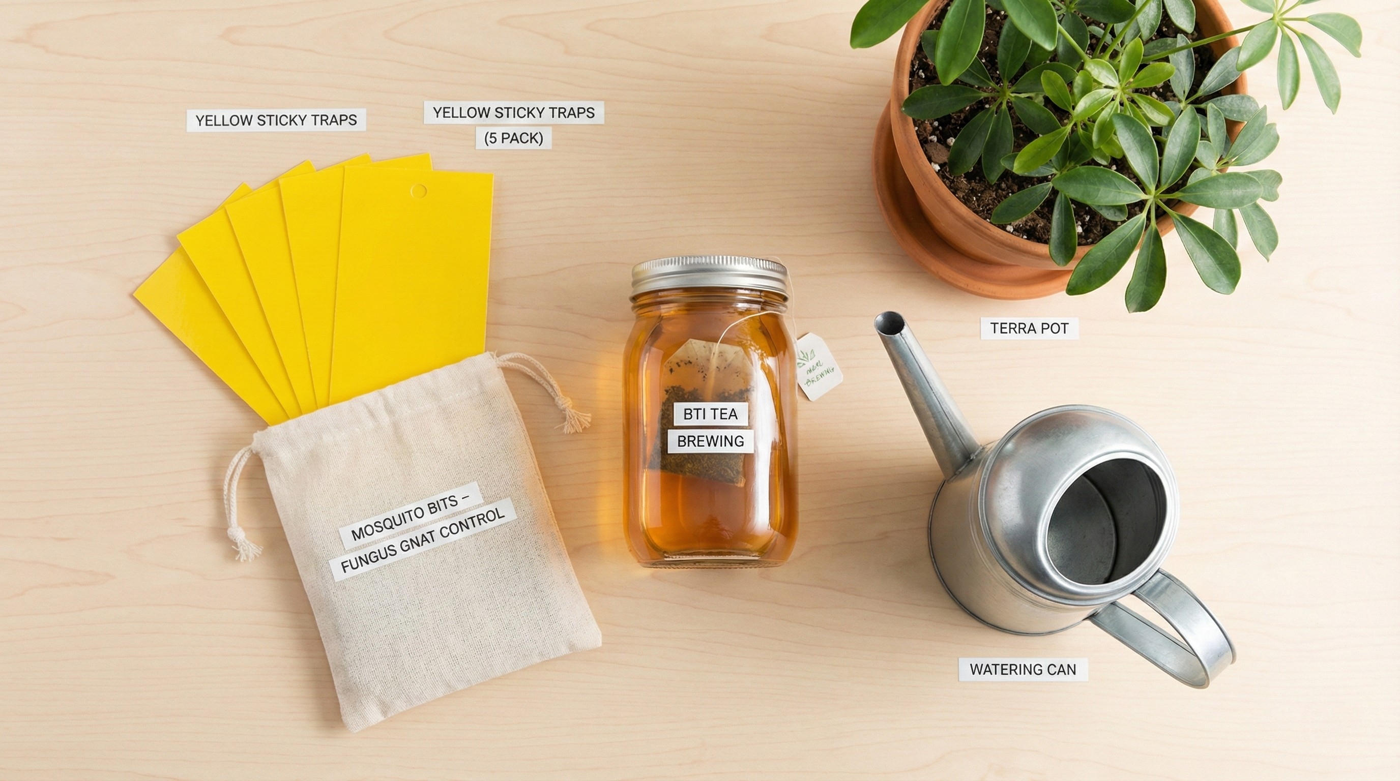 Flat lay of sticky traps, peroxide mixture, mosquito bits, and yellow cards